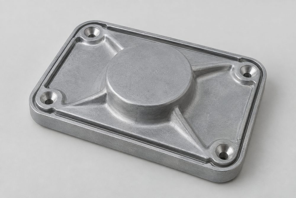 Gehäusedeckel aus Zinkdruckguss mit Dichtnut und vier Senkbohrungen